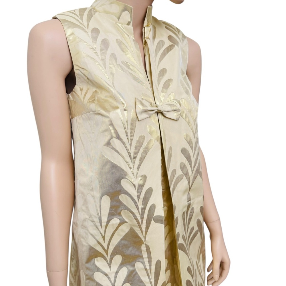 Frances Valentine Gold Metalic Shift Dress XS  Sleeveless Bow Front Jacquard - Picture 8 of 12